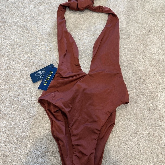 Polo Ralph Lauren Plunge-Neck One-Piece Halter Swimsuit NWT Size XS Cooper/Brown - Picture 3 of 4